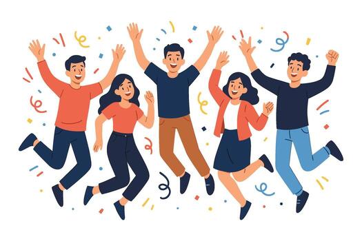 Flat illustration of happy people jumping with hands up celebrating success party and teamwork vector