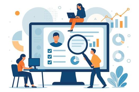 Flat illustration of online recruitment process with computer screen magnifying glass candidate profile and teamwork vector