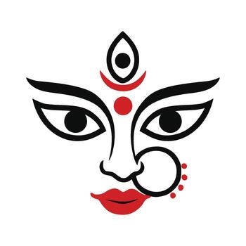 illustration of goddess Durga face with red lips, nose ring, and decorative forehead design for Durga Puja celebration isolated on transparent background vector