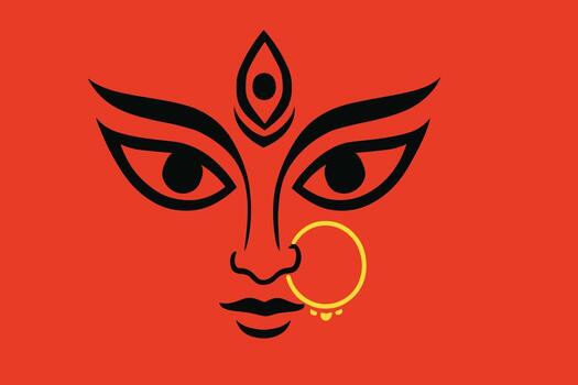 Durga goddess face illustration with bold eyes nose ring and forehead symbol on red background in festive artwork vector