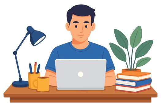 Flat illustration of man working with laptop at desk with lamp coffee cup books and plant representing remote work productivity and learning vector