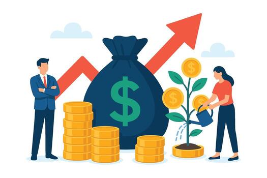 Flat illustration of financial growth with businessman coins money bag arrow and woman watering plant with dollar sign leaves vector