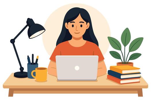Flat illustration of woman sitting at desk with laptop lamp coffee cup books and plant representing study work and productivity vector