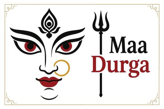 Durga goddess face illustration with red eyes nose ring and trishul symbol in traditional festive artwork for puja celebration isolated on transparent background vector