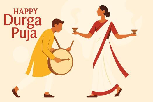 Durga puja festival illustration with man playing traditional drum and woman in saree performing ritual with incense lamps vector