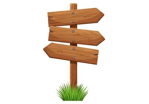 Wooden directional signpost with three blank arrows pointing to the right, set against a white background with a patch of green grass at its base vector