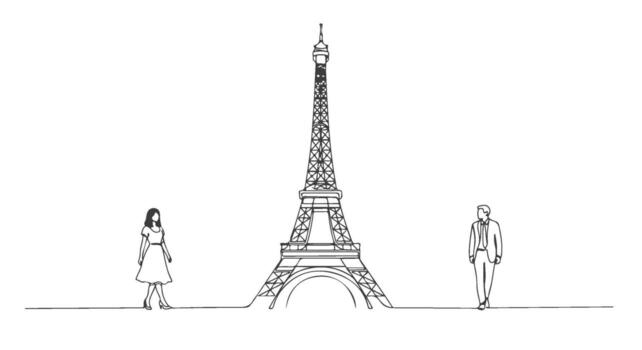 One continuous line drawing of couple with Eiffel Tower in Paris, France e vector