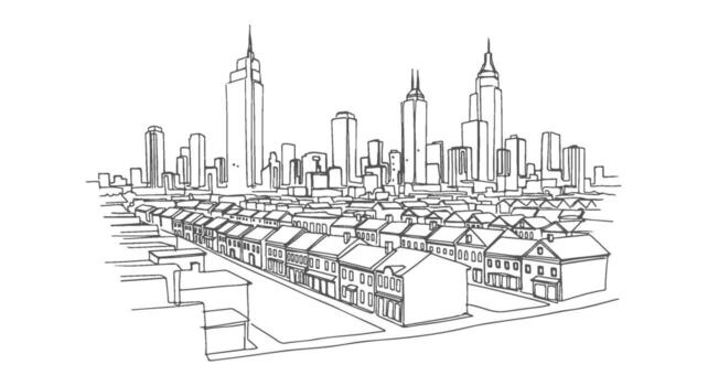 uno continuo línea ilustración de un ciudad y fila casas, un estudiar en urbano arquitectura y horizonte vector