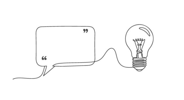 un bombilla y un habla burbuja dibujado con uno continuo línea, representando ideas y comunicación, aislado en un blanco antecedentes vector