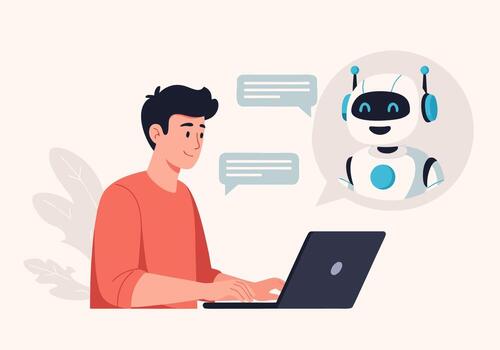 A young man using a laptop to communicate with a friendly AI chatbot, representing the concept of virtual assistance and online customer support technology vector