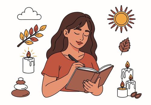 Serene autumn scene of a young woman journaling by candlelight, surrounded by symbolic elements of nature and introspection vector
