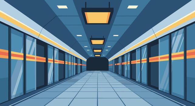 Empty modern subway station platform, a futuristic urban transport hub with clean lines and symmetrical design, waiting for the next journey in a sleek, high-tech underground environment vector