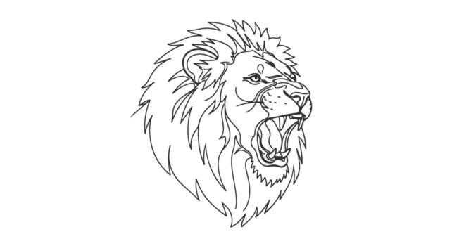 One continuous line art drawing of a roaring lion's head, showing its majestic mane and fierce expression, perfect for logos or graphics vector