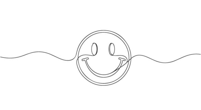 Minimalist cheerful smiley face illustration, meticulously crafted with one continuous line art, symbolizing happiness and positivity in a clean, elegant design vector