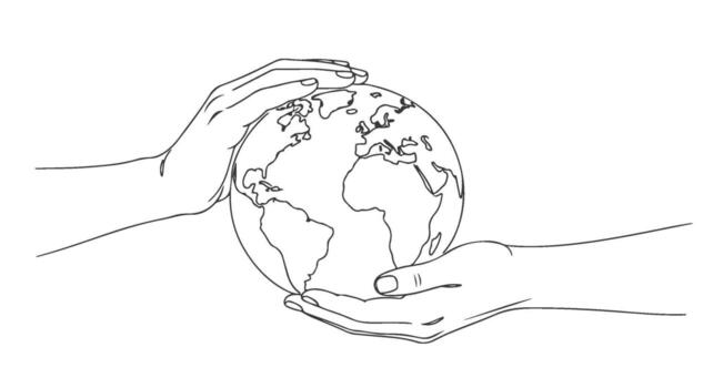 A caring pair of hands holding the planet Earth, a minimalist one continuous line art drawing symbolizing global unity and protection vector