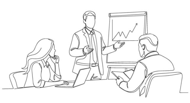 uno continuo línea Arte dibujo de un negocio reunión con un presentador y colegas vector