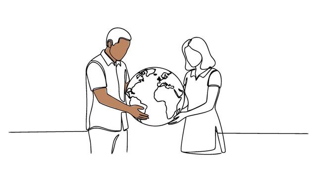 uno continuo línea Arte dibujo de un diverso hombre y mujer participación el planeta tierra, un concepto de global unidad y colaboración vector
