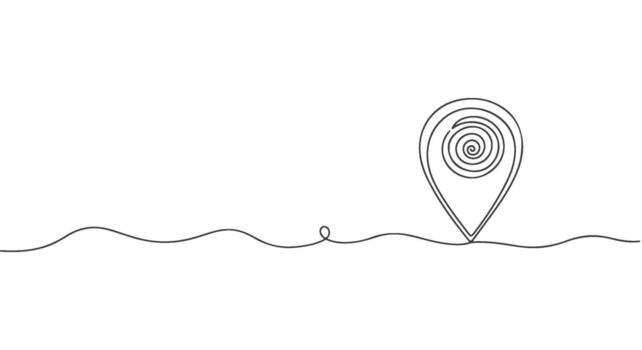 Elegant one continuous line art drawing of a minimalist location pin with a spiral icon, symbolizing precise navigation and travel destinations vector