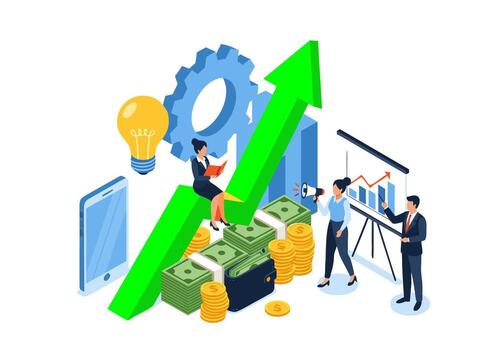 Isometric concept of business growth and financial success with a team working on strategy and data analysis vector