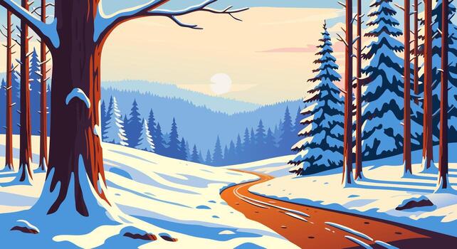 Captivating Winter Forest Scene with a Winding Path, Illuminated by the Gentle Glow of a Setting Sun, Through Snow-Covered Trees and Distant Mountains vector