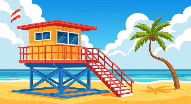 Vibrant beach scene featuring a lifeguard tower with a palm tree and the ocean on a sunny day vector