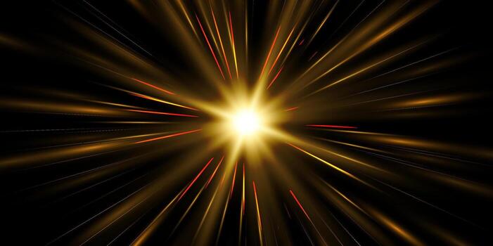 Radial speed rays, light neon flow, zoom in motion effect, gold glow speed lines, colorful light trails, perspective stripes. Abstract background, illustration. vector