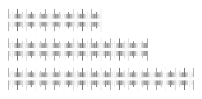 Metric ruler icons. Chart 10, 15, 20 centimeters. Set of scales for ruler in centimeters. Measuring tools. Metrics indicators cm. Measuring scale black templates. Length, height, distance, sewing tool vector