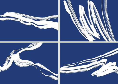 Set of four bold, hand painted seamless abstract patterns in deep indigo and white. Features expressive, thick brushstrokes and flowing organic shapes, creating a dynamic, artistic texture. vector