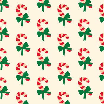 Pattern of Christmas candy canes with a green bow on a light background. Festive design for fabric, wrapping, and textiles. vector