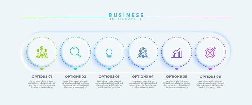 Infographic design with six steps and icons, tailored for business use. Suitable for presentations, banners, workflows, process diagrams, flowcharts vector