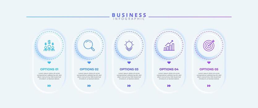 Infographic design with five steps and icons, tailored for business use. Suitable for presentations, banners, workflows, process diagrams, flowcharts, and data visualization. vector