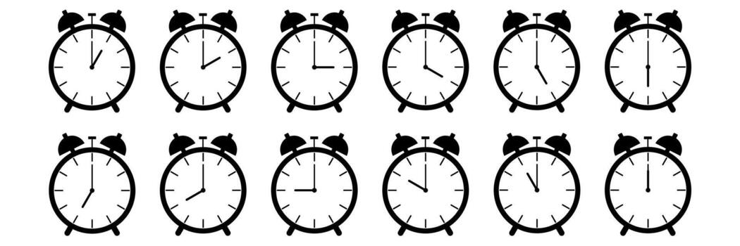 horizontal set of analog alarm clock icon notifying each hour isolated on white, illustration. vector