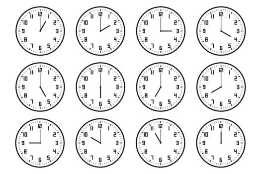set of analog clock icon with number notifying each hour isolated on white. vector
