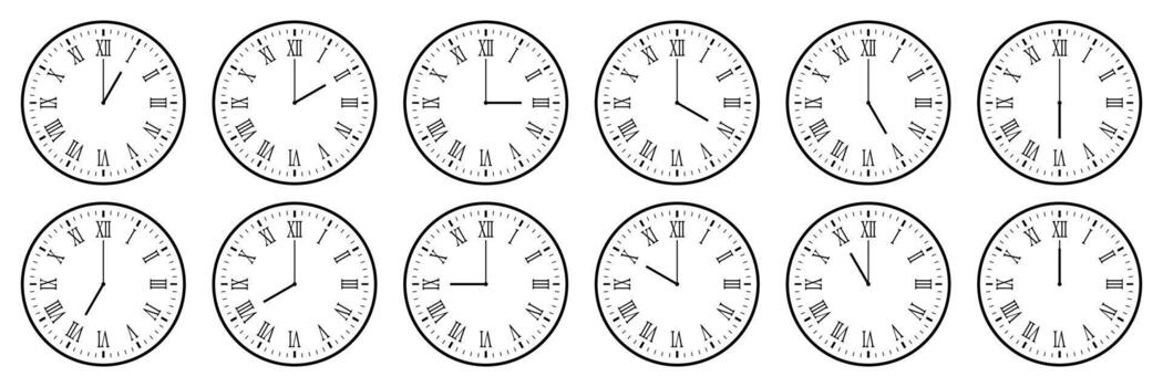 horizontal set of analog clock icon with roman numeral notifying each hour isolated on white, illustration. vector