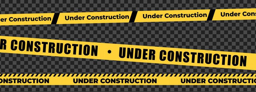 Under construction sign with yellow warning tape safety stripe. Caution barrier stripe for safety zone, blocked area, website page, road work, site maintenance, redesign progress. illustration. vector