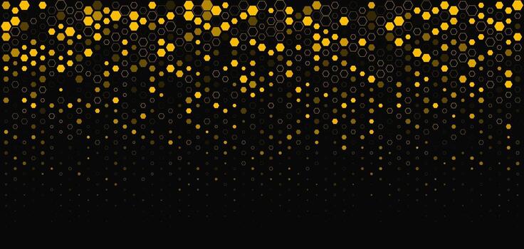 Hexagon Background Glowing Honeycomb Pattern In Yellow Black Colors for AI, Tech Digital Forum and Conference Ad Presentation. Hexagonal Modern Texture. Halftone Gradient Backdrop. Abstract BG vector