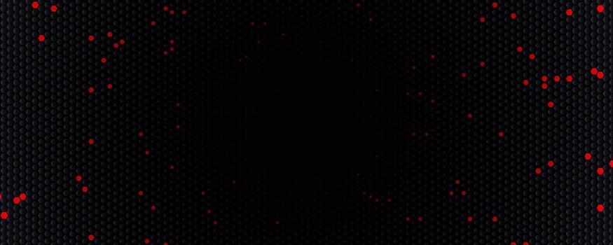 Futuristic dark hexagon honeycomb tech background, red glowing particles for cyber, data, gaming, esports, websites, presentations. Black Hi-tech backgrounds for banners and apps. illustration vector