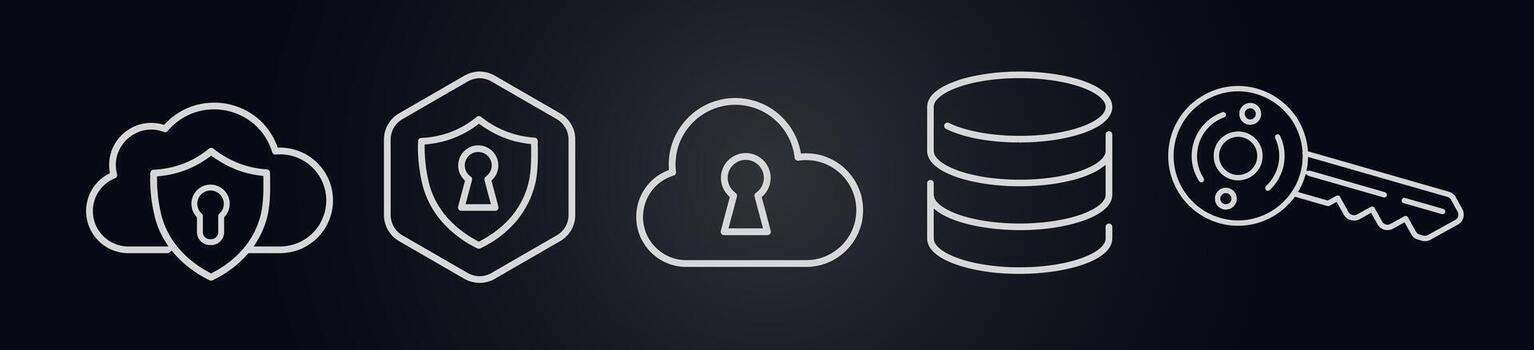 nube seguridad íconos con escudos, Cerraduras, base de datos, y llave simbolos representar datos proteccion, cifrado, servidor acceso, en línea privacidad. mínimo línea contorno estilo. ilustración. vector