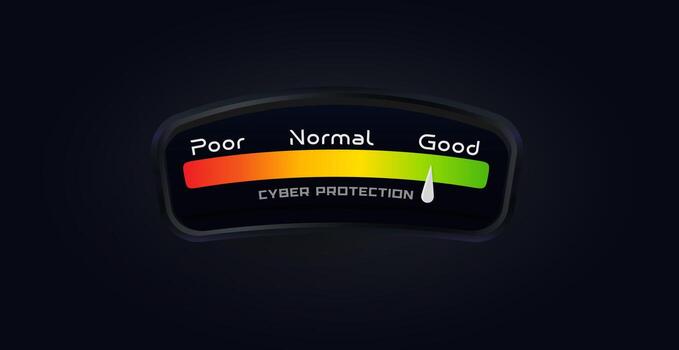 Cyber Security Protection Meter Level, Hacker Attack Risc Measure Rate. Hack danger indicator, fishing measuring for data centers, web, hosting, networking service and technology. illustration. vector