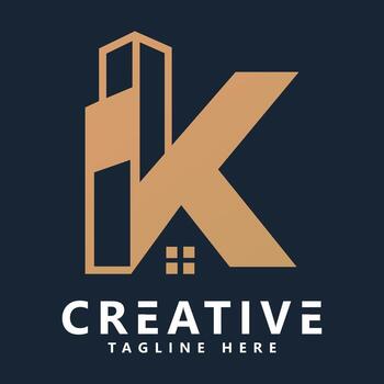 creativo k logo con edificio motivo y ventana cuadrícula vector