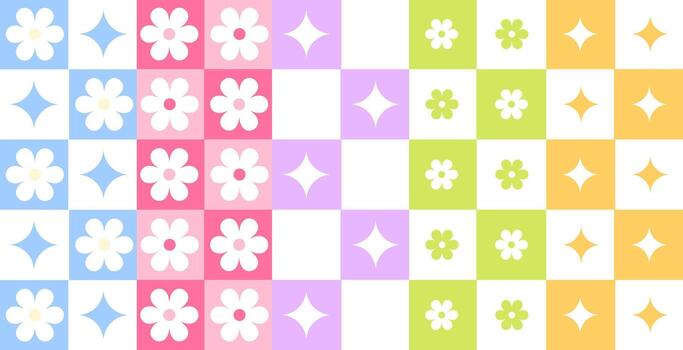 Set of seamless patterns, wrapping paper in retro style, checkered with flowers and stars vector