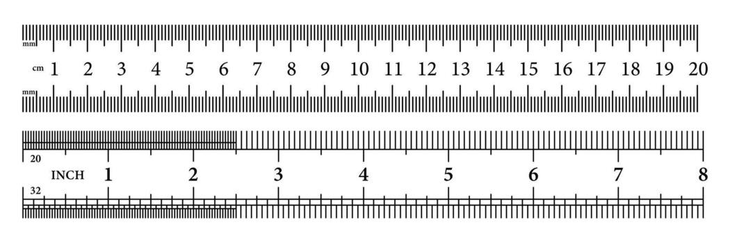 Ruler set with metric and imperial scales, centimeter, millimeter, and inch divisions. Precision measuring tool illustration for drafting, engineering, school, and design projects. vector