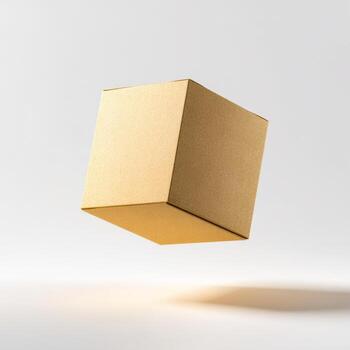 Minimalist floating cardboard package on white pastel background for modern design concepts photo