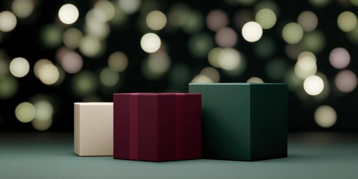 ultra realista geométrico regalo cajas con bokeh luces en minimalista diseño foto