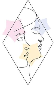 Geometric Line Art Two Faces in Profile within a Diamond Frame with Pastel Accents single line vector