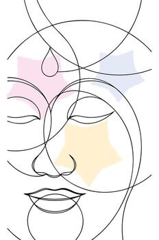 Abstract Continuous Line Drawing Buddha Face with Pastel Accents surrounded circles single line vector