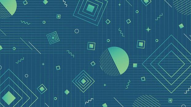 contemporáneo geométrico antecedentes presentando verde resumen formas líneas y cuadrícula patrones en azul fondo ideal para carteles web pancartas presentaciones y moderno digital obra de arte vector