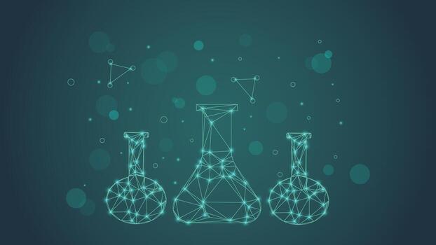 Modern futuristic science background showing glowing digital laboratory flasks made of network lines and light dots perfect for technology presentations innovation and research themes vector