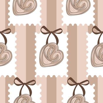 seamless pattern with round puff pastry pastries in sketch style in the shape of a stamp with a bow on a cork background with lines, for textiles, packaging or greeting cards vector