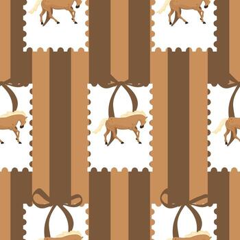 festive seamless pattern with a light horse in a hat with bows on a light background with brown lines behind, for textiles, packaging or greeting cards vector
